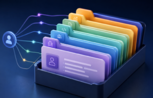 Illustration of a structured AI prompt library organized into categorized buyer scenarios for enterprise software research.